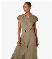 Women's Olive Linen-Blend Button Front Belted Midi Dress Apricot New Look