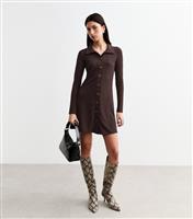 Women's Brown Ribbed Jersey Button Up Dress New Look