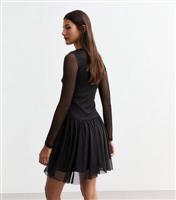 Women's Black Dropped Waist Stretch Mesh Mini Dress New Look