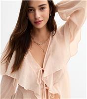 Women's Pale Pink Chiffon Ruffle Trim Tie Front Blouse New Look