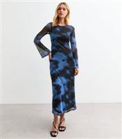 Women's Blue Mesh Print Long Sleeve Midi Dress New Look