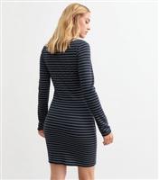 Women's Blue Gathered Long Sleeve Stripe Jersey Mini Dress New Look