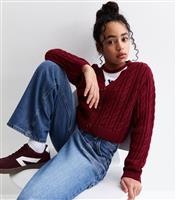 Girls' Burgundy Cable Knit Crop Cardigan New Look