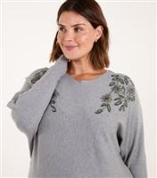 Women's Plus Size Grey Embellished Jumper Curves Blue Vanilla New Look