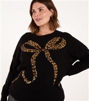 Women's Plus Size Gold Leopard Bow Jumper Curves Blue Vanilla New Look