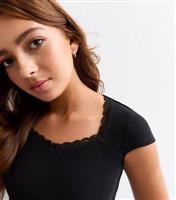 Girls' Black Square Neck Rib Cotton Top New Look