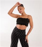 Women's Black Sequinned Feather Crop Top Pink Vanilla New Look