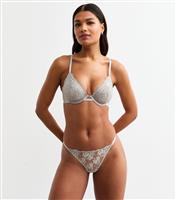 Women's Silver Metallic Floral Embroidered Mesh Thong New Look