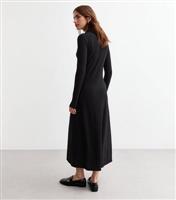 Women's Black Button Front Ribbed Maxi Dress New Look