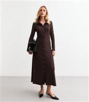 Women's Brown Button Front Ribbed Maxi Dress New Look
