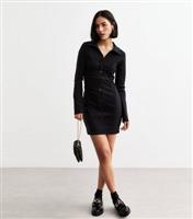 Women's Black Jersey Button Up Mini Dress New Look