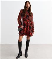 Women's Red Floral Print Chiffon Long Sleeve Mini Dress New Look