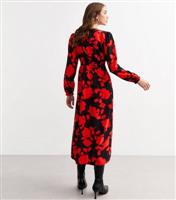 Women's Black Floral Print Long Sleeve Split Hem Midi Dress New Look