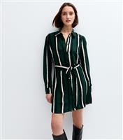 Women's Dark Green Striped Mini Shirt Dress New Look