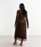 Women's Plus Size Brown Leopard Print Long Sleeve Mesh Midi Dress Curves New Look