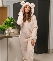 Women's Cream Borg Hooded Onesie with Ears Loungeable New Look