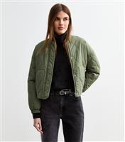 Women's Khaki Stitched Pattern Lightly Padded Bomber Jacket New Look
