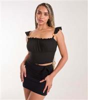 Women's Black Jersey Frill Strap Crop Top Pink Vanilla New Look