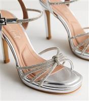 Women's Silver Crystal Strap Faux Leather Stiletto Heel Sandals Vegan New Look