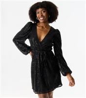 Women's Black Sequinned Wrap Dress Gini London New Look