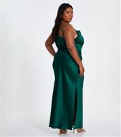 Women's Plus Size Dark Green Cowl Satin Maxi Dress Curves Quiz New Look