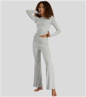 Women's Light Grey Rib Jersey Fold Over Flared Trousers South Beach New Look