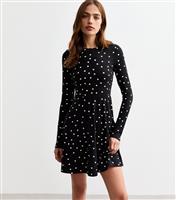 Women's Black Bow Detail Polka Dot Skater Mini Dress New Look