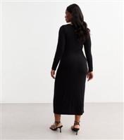 Women's Plus Size Black Ribbed Knot Front Long Sleeve Dress Curves New Look