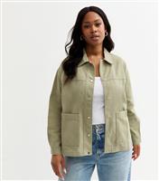 Women's Plus Size Olive Cotton Button Up Shacket Curves New Look