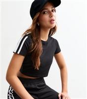 Girls' Black Side Stripe Stretch Cotton Baby Tee T-Shirt New Look