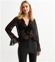 Women's Black Ruffle Trim Tie Up Sheer Chiffon Blouse New Look