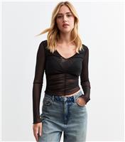 Women's Black Ruched V-Neckline Mesh Top New Look