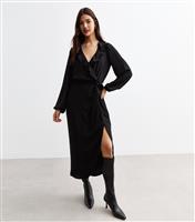 Women's Black Ruffle Trim Belted Midi Dress New Look