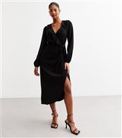 Women's Black Crinkle Texture Ruffle Trimmed Midi Dress New Look
