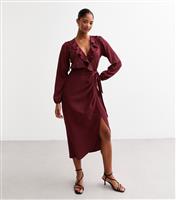 Women's Dark Red Crinkle Texture Ruffle Trimmed Midi Dress New Look