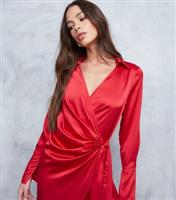 Women's Red Satin Wrap Shirt Dress WKNDGIRL New Look