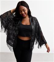 Women's Plus Size Black Sequinned Fringe Open Front Cardigan Curves New Look