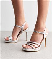 Women's Wide Fit Silver Faux Snakeskin Platform Sandals Vegan New Look
