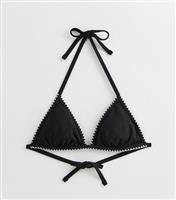 Women's Black Blanket Stitch Removable Pad Crinkle Triangle Bikini Top New Look
