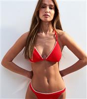 Women's Red Blanket Stitch Removable Pad Crinkle Triangle Bikini Top New Look