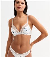 Women's White Rose Print Satin Demi Padded Bra New Look