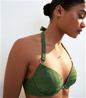 Women's Khaki Monogram Padded Halterneck Plunge Bikini Top New Look