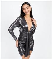 Women's Grey Foil Draped Mini Dress Little Mistress New Look