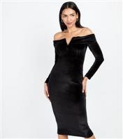 Women's Black Velvet Bardot Midi Dress Little Mistress New Look