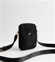 Black Paris Embroidered Canvas Phone Bag New Look