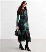 Women's Black Tie Dye Print Ruched Mesh Midi Dress New Look