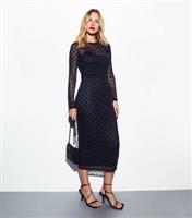 Women's Black Flocked Polka Dot Long Sleeve Mesh Midi Dress New Look