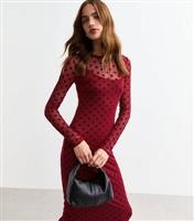 Women's Burgundy Flocked Polka Dot Long Sleeve Mesh Midi Dress New Look