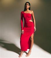 Women's Red Cutout Ruched One Shoulder Midi Dress New Look