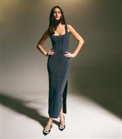 Women's Navy Metallic Corset Midi Dress New Look